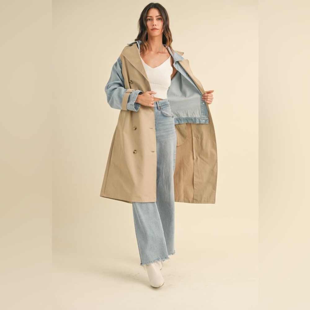 Layered Trench Coat with Denim Jacket Size M Tan Blue Outerwear Classic Neutral - Picture 7 of 12